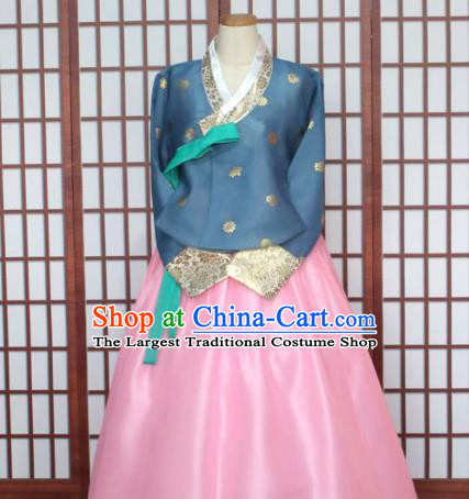 Korean Traditional Hanbok Blue Blouse and Pink Dress Outfits Asian Korea Fashion Costume for Women