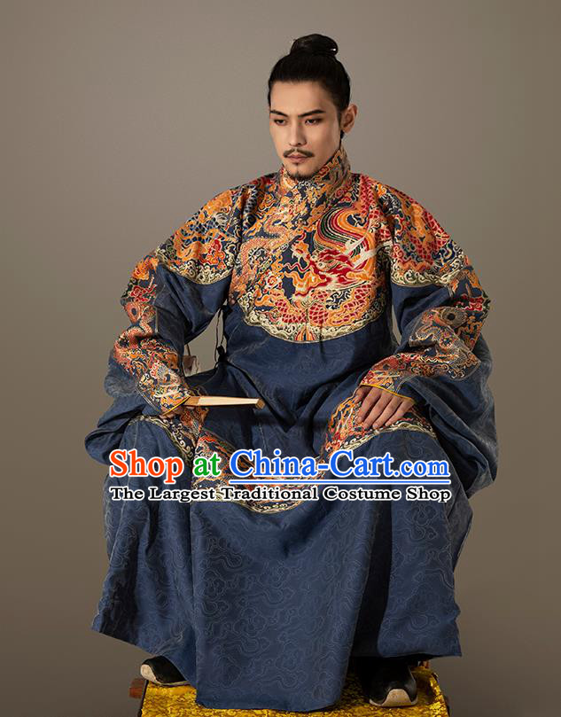 Traditional Chinese Ming Dynasty Royal Highness Blue Embroidered Robe Ancient King Costumes for Men