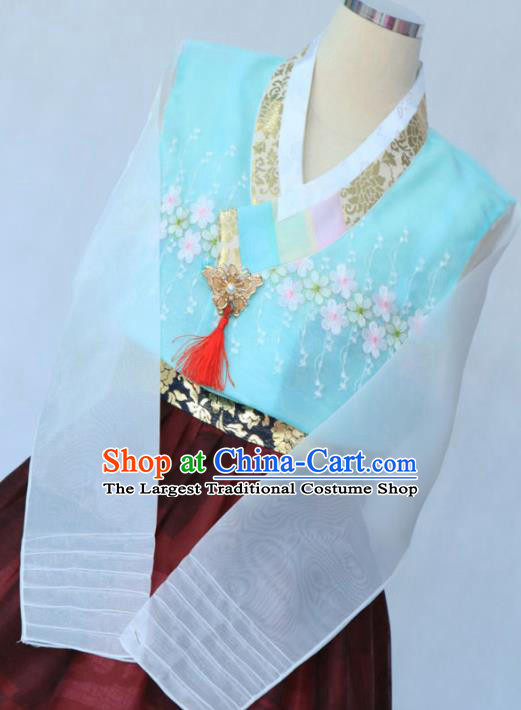 Korean Traditional Garment Blue Blouse and Purplish Red Dress Bride Hanbok Asian Korea Fashion Costume for Women