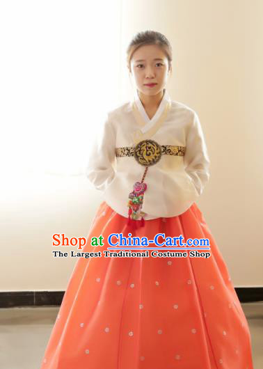 Korean Traditional Hanbok Garment White Blouse and Orange Dress Asian Korea Fashion Costume for Women