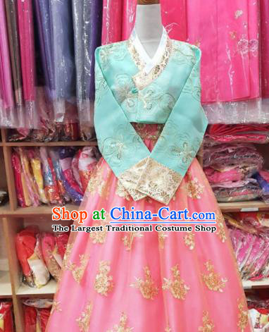 Korean Traditional Hanbok Garment Blue Blouse and Pink Dress Asian Korea Fashion Costume for Women