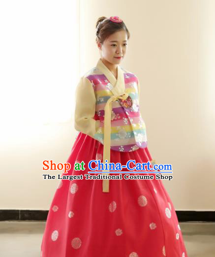 Korean Traditional Hanbok Garment Striped Blouse and Red Dress Asian Korea Fashion Costume for Women