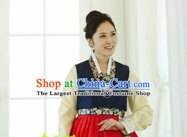 Korean Traditional Hanbok Garment Navy Blouse and Red Dress Asian Korea Fashion Costume for Women