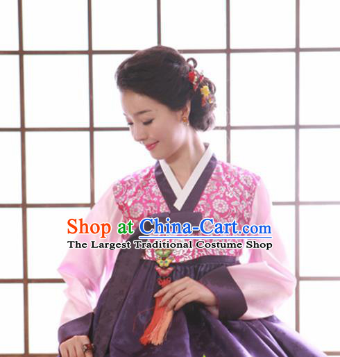 Korean Traditional Mother Hanbok Garment Pink Satin Blouse and Purple Dress Asian Korea Fashion Costume for Women