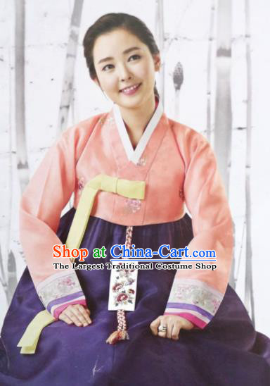 Korean Traditional Mother Hanbok Garment Pink Blouse and Purple Dress Asian Korea Fashion Costume for Women