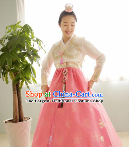 Korean Traditional Court Hanbok Garment Beige Blouse and Pink Dress Asian Korea Fashion Costume for Women