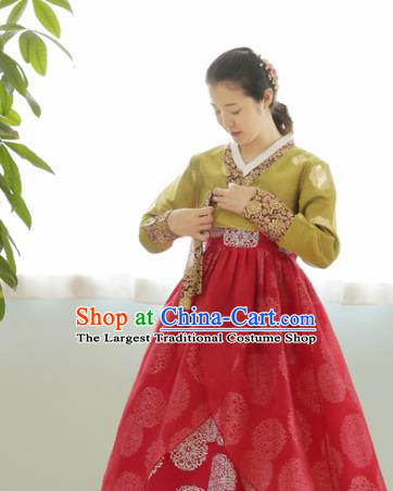 Korean Traditional Court Hanbok Garment Ginger Blouse and Red Dress Asian Korea Fashion Costume for Women