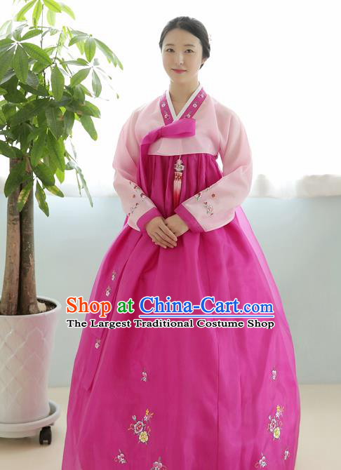 Korean Traditional Court Hanbok Garment Pink Blouse and Rosy Dress Asian Korea Fashion Costume for Women