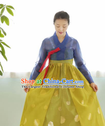 Korean Traditional Court Hanbok Garment Blue Blouse and Ginger Dress Asian Korea Fashion Costume for Women