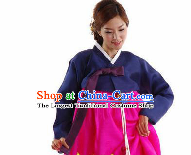 Korean Traditional Bride Mother Hanbok Garment Navy Blouse and Rosy Dress Asian Korea Fashion Costume for Women