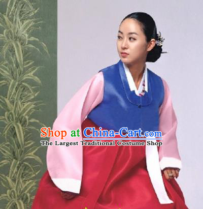 Korean Traditional Bride Mother Hanbok Garment Blue Satin Blouse and Red Dress Asian Korea Fashion Costume for Women