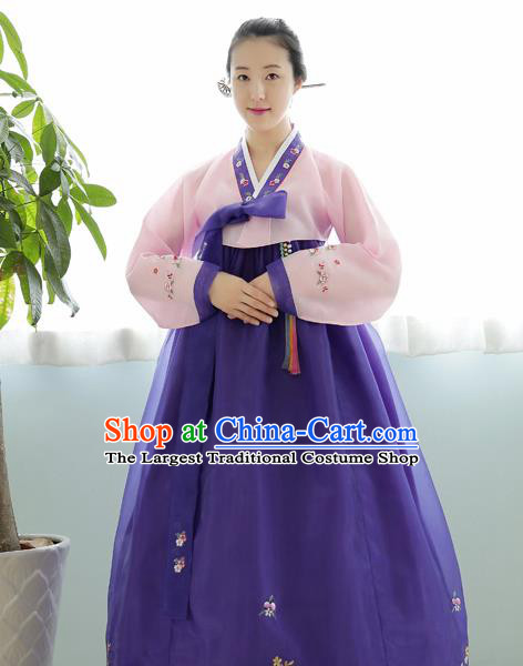 Korean Traditional Court Hanbok Garment Pink Blouse and Purple Dress Asian Korea Fashion Costume for Women