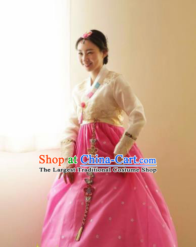 Korean Traditional Bride Hanbok White Blouse and Pink Dress Garment Asian Korea Fashion Costume for Women