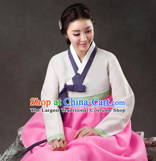 Korean Traditional Bride Hanbok White Blouse and Pink Dress Garment Asian Korea Fashion Costume for Women