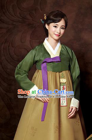 Korean Traditional Bride Mother Hanbok Green Blouse and Ginger Dress Garment Asian Korea Fashion Costume for Women