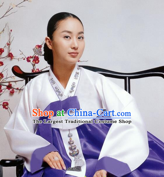 Korean Traditional Bride Hanbok White Blouse and Purple Dress Garment Asian Korea Fashion Costume for Women