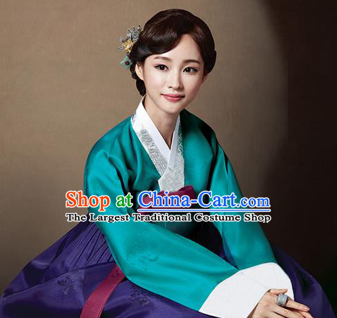 Korean Traditional Bride Court Hanbok Deep Green Blouse and Purple Dress Garment Asian Korea Fashion Costume for Women