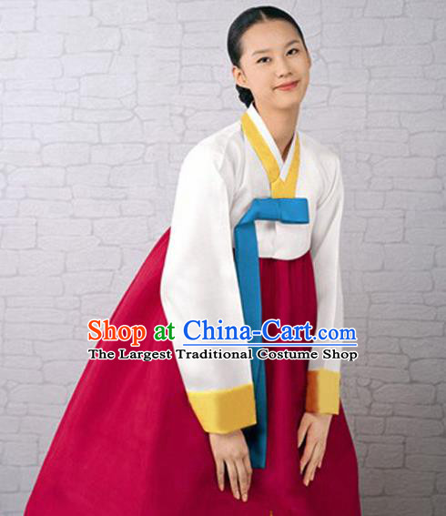 Korean Traditional Bride Court Hanbok White Satin Blouse and Wine Red Dress Garment Asian Korea Fashion Costume for Women