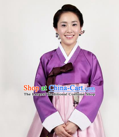 Korean Traditional Bride Mother Hanbok Purple Satin Blouse and Pink Dress Garment Asian Korea Fashion Costume for Women