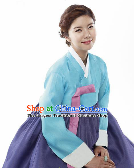 Korean Traditional Bride Mother Hanbok Blue Satin Blouse and Navy Dress Garment Asian Korea Fashion Costume for Women