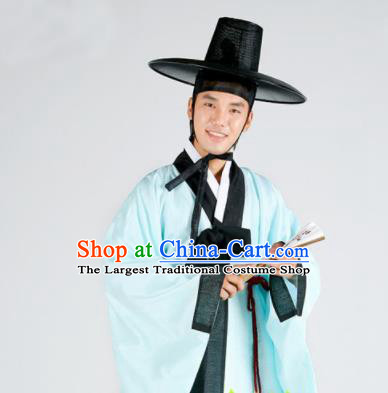 Korean Traditional Ancient Scholar Blue Robe and Pants Hanbok Asian Korea Bridegroom Fashion Costume for Men