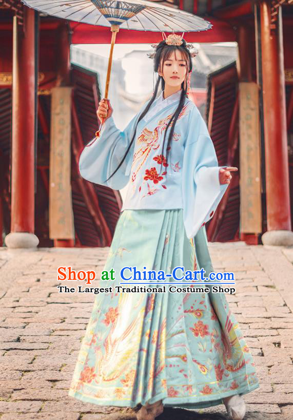 Chinese Traditional Ming Dynasty Nobility Lady Blue Brocade Blouse and Skirt Ancient Palace Princess Costumes for Women