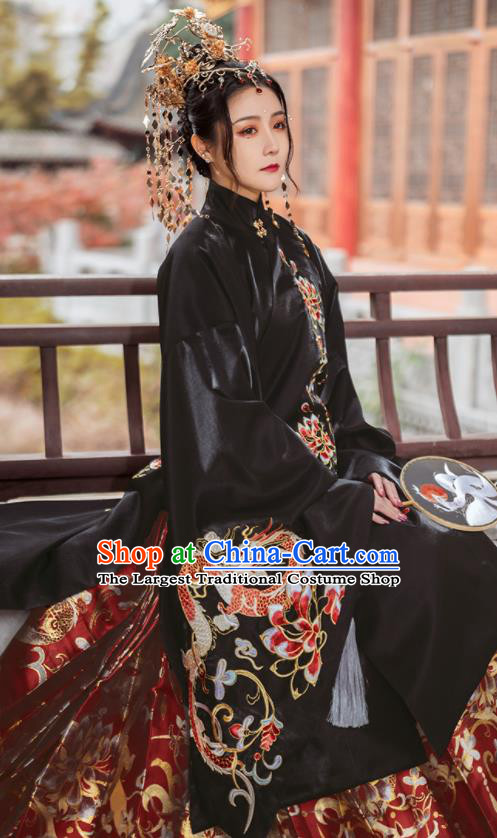 Chinese Traditional Court Black Brocade Long Blouse and Skirt Ancient Ming Dynasty Imperial Consort Costumes for Women