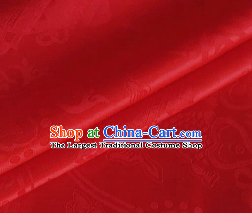 Asian Chinese Classical Double Fish Pattern Design Red Silk Fabric Traditional Cheongsam Material