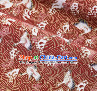 Asian Japanese Classical Wave Crane Pattern Design Red Silk Fabric Traditional Kimono Brocade Material