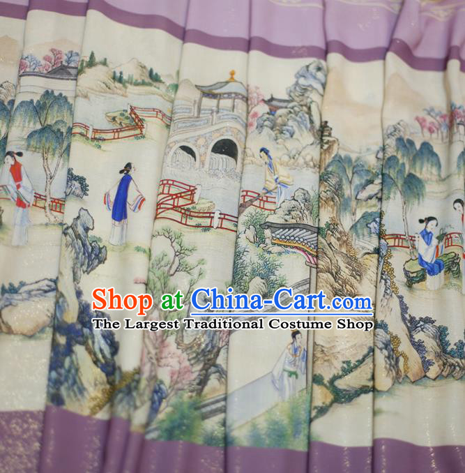 Asian Chinese Classical Printing Dream of the Red Chamber Pattern Design Lilac Silk Fabric Traditional Hanfu Brocade Material