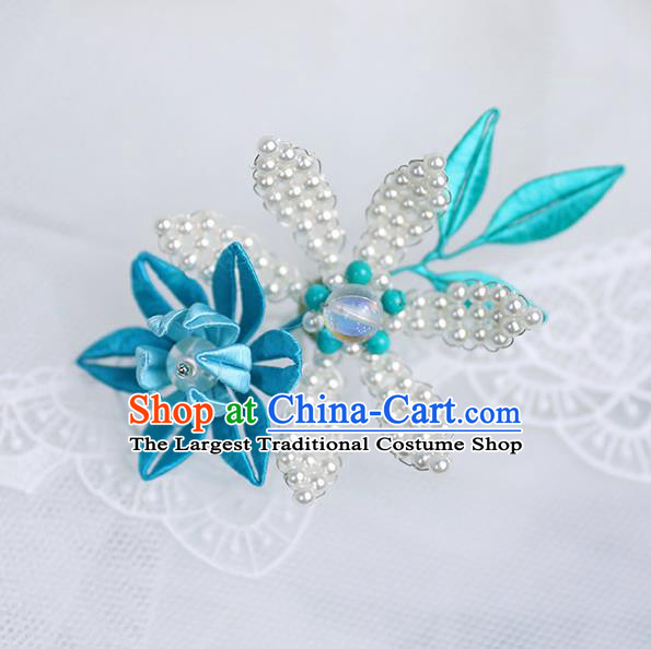 Chinese Traditional Blue Flower Pearls Hairpin Handmade Hanfu Hair Accessories for Women