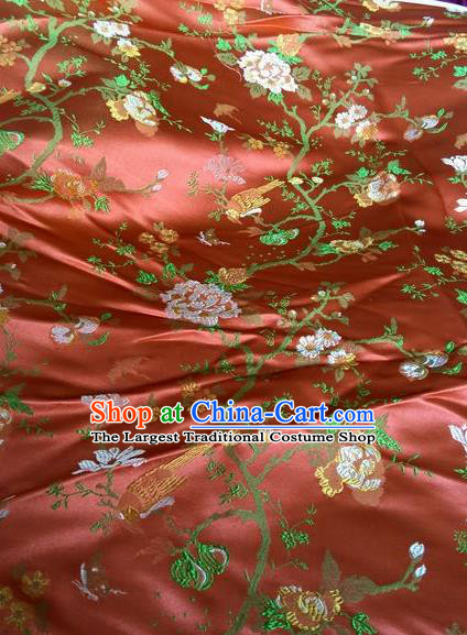 Asian Chinese Classical Peony Bird Pattern Design Red Silk Fabric Traditional Nanjing Brocade Material