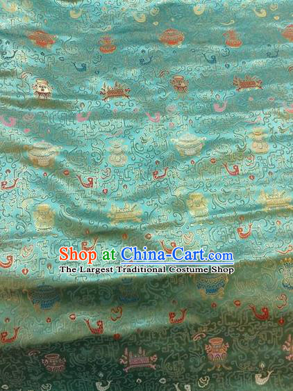 Asian Chinese Classical Eight Treasures Pattern Design Green Silk Fabric Traditional Nanjing Brocade Material