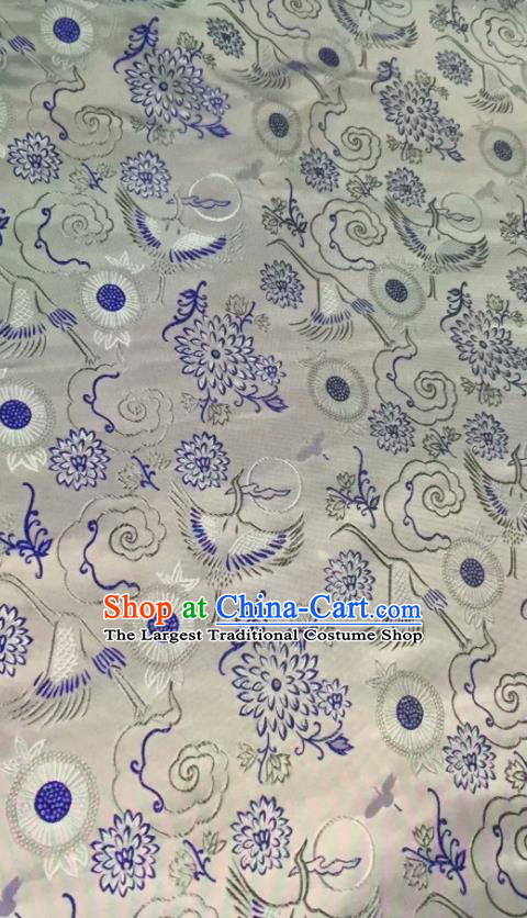 Asian Chinese Classical Chrysanthemum Crane Pattern Design White Silk Fabric Traditional Nanjing Brocade Material