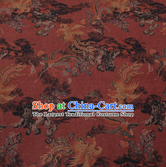 Asian Chinese Classical Phoenix Pattern Design Rust Red Watered Gauze Fabric Traditional Silk Material