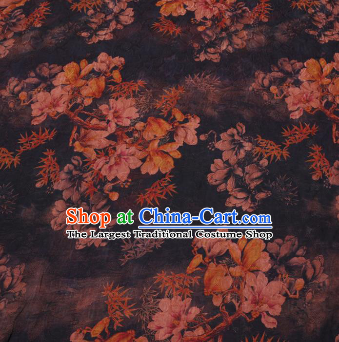 Asian Chinese Classical Magnolia Maple Leaf Pattern Design Navy Watered Gauze Fabric Traditional Silk Material