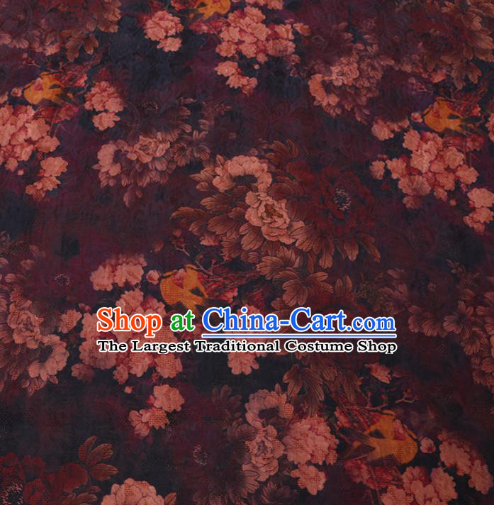 Asian Chinese Classical Peony Pattern Design Black Watered Gauze Fabric Traditional Silk Material