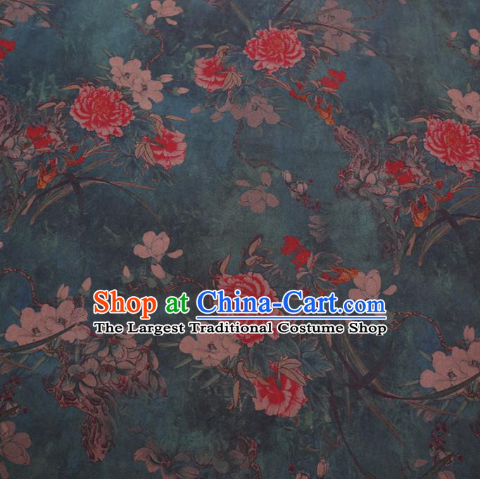 Chinese Cheongsam Classical Peony Magnolia Pattern Design Green Watered Gauze Fabric Asian Traditional Silk Material