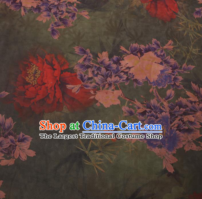 Chinese Cheongsam Classical Peony Bamboo Pattern Design Green Watered Gauze Fabric Asian Traditional Silk Material