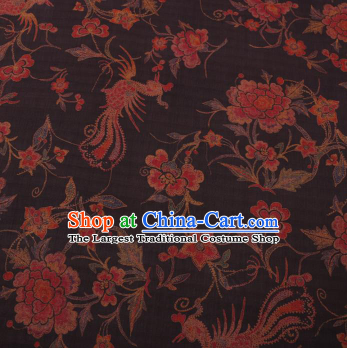 Chinese Cheongsam Classical Phoenix Peony Pattern Design Brown Watered Gauze Fabric Asian Traditional Silk Material