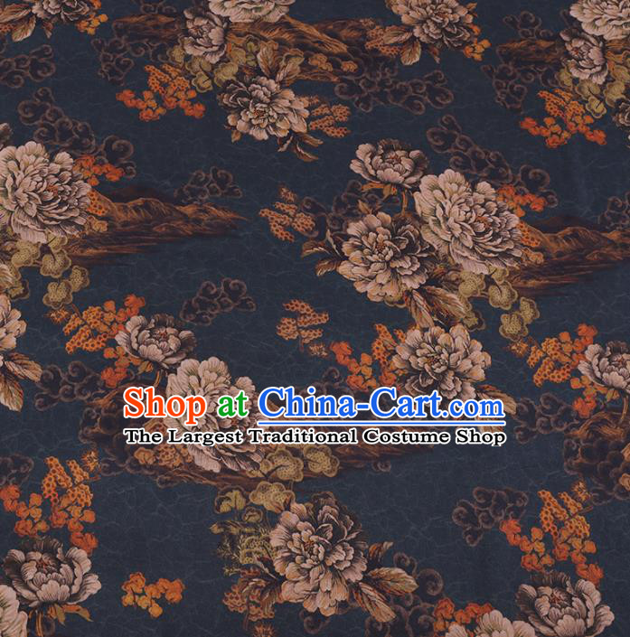 Chinese Cheongsam Classical Peony Pattern Design Navy Watered Gauze Fabric Asian Traditional Silk Material