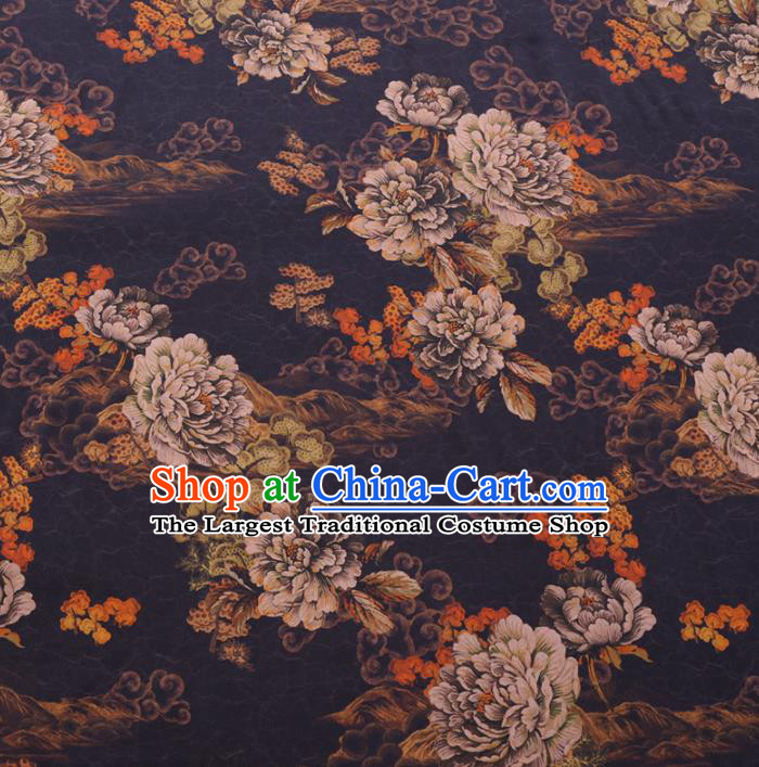 Chinese Cheongsam Classical Cloud Peony Pattern Design Black Watered Gauze Fabric Asian Traditional Silk Material