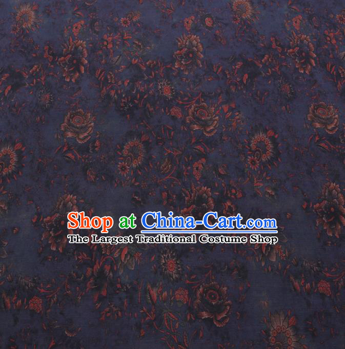 Chinese Cheongsam Classical Flowers Pattern Design Navy Watered Gauze Fabric Asian Traditional Silk Material