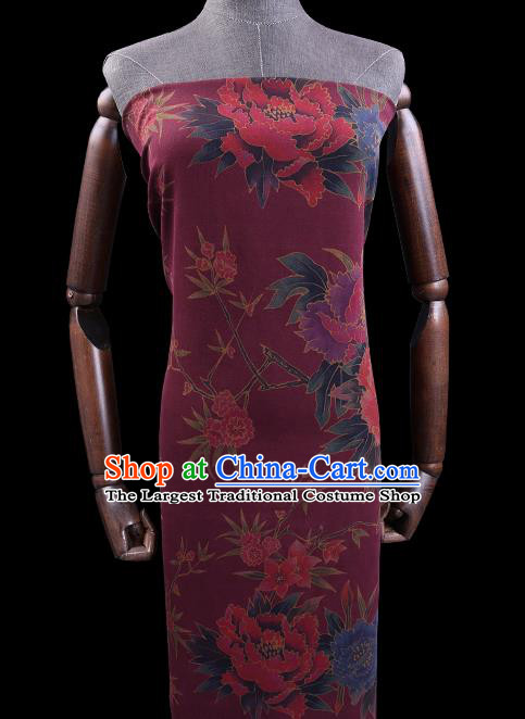 Chinese Cheongsam Classical Peony Plum Pattern Design Wine Red Watered Gauze Fabric Asian Traditional Silk Material