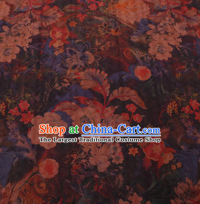 Chinese Cheongsam Classical Flowers Pattern Design Navy Watered Gauze Fabric Asian Traditional Silk Material