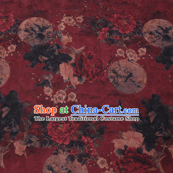 Asian Chinese Classical Peony Plum Pattern Design Dark Red Watered Gauze Fabric Traditional Silk Material