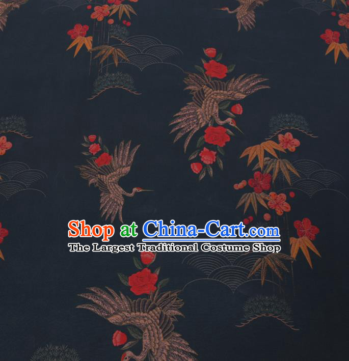 Chinese Cheongsam Classical Crane Bamboo Leaf Pattern Design Navy Watered Gauze Fabric Asian Traditional Silk Material