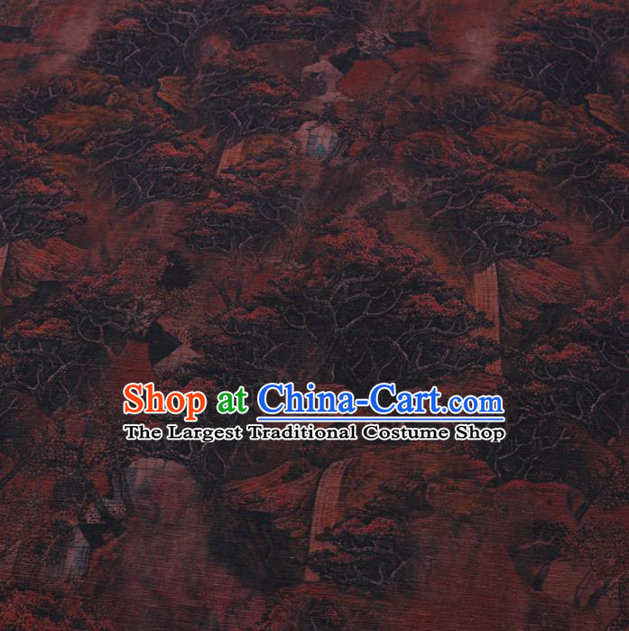 Chinese Cheongsam Classical Landscape Pattern Design Brown Watered Gauze Fabric Asian Traditional Silk Material