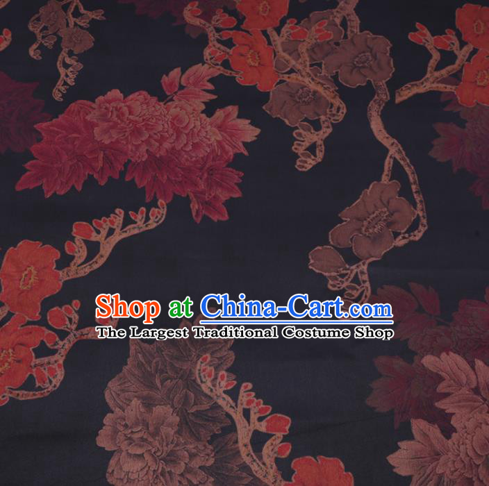 Chinese Cheongsam Classical Magnolia Peony Pattern Design Black Watered Gauze Fabric Asian Traditional Silk Material