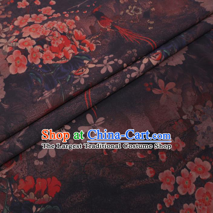 Chinese Cheongsam Classical Plum Peony Pattern Design Brown Watered Gauze Fabric Asian Traditional Silk Material